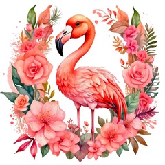 Watercolor illustration portrait of a cute adorable tropical pink flamingo bird animal with flowers on isolated white background.	

