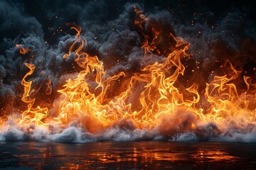 Fiery destruction engulfs the night, as red and orange flames illuminate the dark landscape - obrazy, fototapety, plakaty