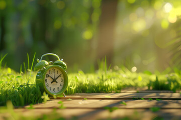 Naklejka premium Green alarm clock on a beautiful background of green grass and empty boards with space for product with sunset in the background 