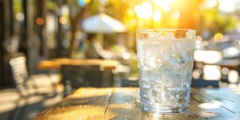 Glass of ice water in a sunlit outdoor cafe. Relief from the sweltering heatwave - obrazy, fototapety, plakaty