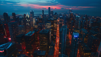 An aerial shot of a city's financial district during rush hour, with skyscrapers illuminated against the twilight sky, representing the pulse of business travel.