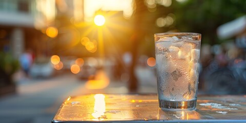 Sundown on a city street with a refreshing glass of water. Hydration during extreme heat