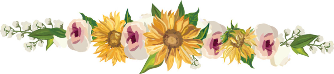 Sunflower line border illustration on transparent background.
