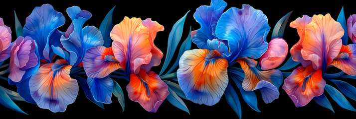 Watercolor collection of irises on a black background.