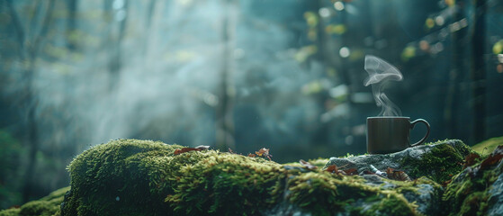 A steaming cup of tea sits on a moss-covered rock, surrounded by a mystical forest shrouded in mist.8K - obrazy, fototapety, plakaty