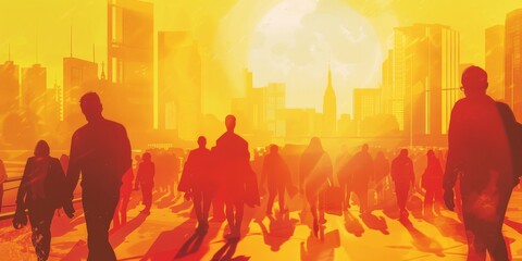 Oversized sun casting heat over city. Heatwave impact on urban areas