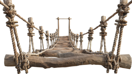 A jungle hanging bridge made of ropes and wooden planks, isolated on transparent background