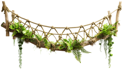 A jungle hanging bridge made of ropes and wooden planks, isolated on transparent background