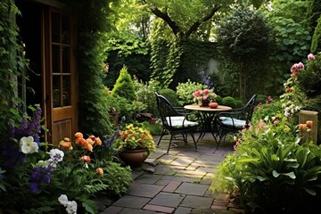 Fototapeta na wymiar Blooming Plants and Lush Foliage: Charming English Garden Style Patios with Quaint Chairs