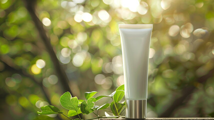 white tube for cosmetic packaging on nature blurred background