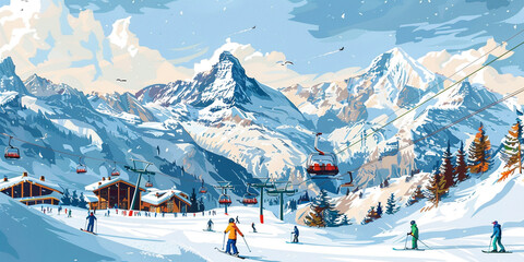 A image of a winter ski resort with skiers and snowboarders on the slopes, chairlifts in motion, and snow-covered mountains in the background - obrazy, fototapety, plakaty