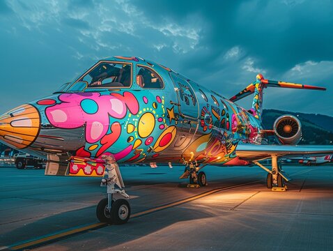 Explore the intersection of mythology and modernity as ancient Greek pilots commandeer a jet adorned with vibrant, pop art motifs, soft lighting