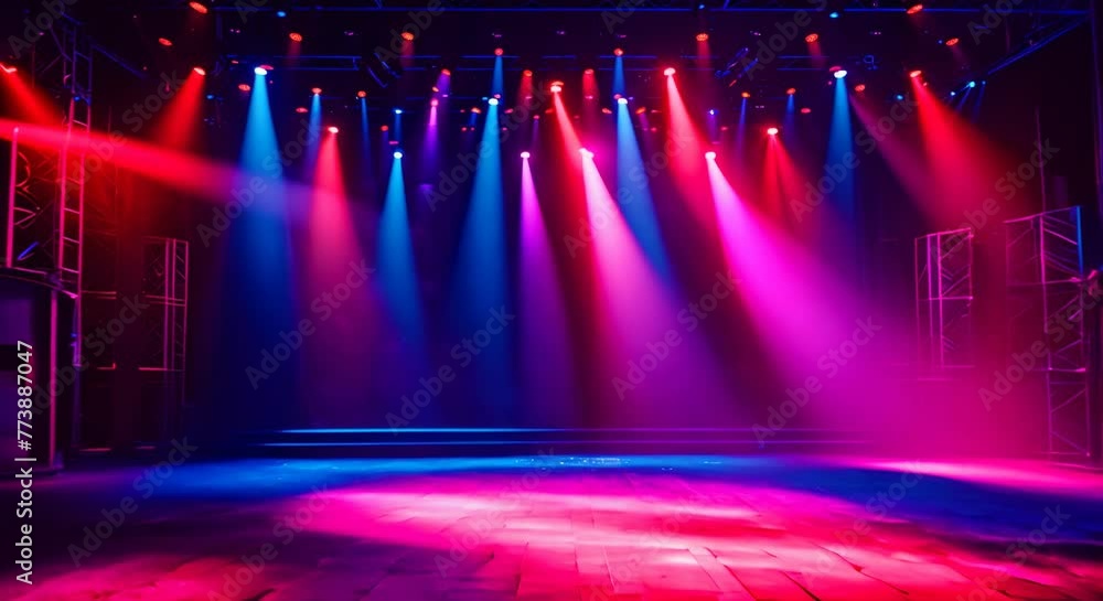 Poster vibrant stage lights illuminating empty dance stage for dynamic performance backdrop