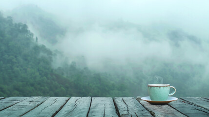 Wooden table with mountain green fog coffee cup morning - obrazy, fototapety, plakaty