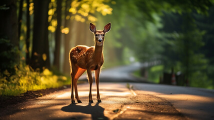 young deer crosses an asphalt road in front of a blur car a green forest at sunrise - obrazy, fototapety, plakaty