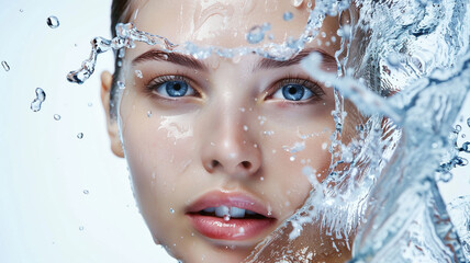 Young beautiful woman with clean fresh skin with splash of water on white background