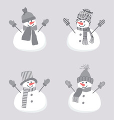 Cute snowmen. Set. Four different snowmen in beautiful gray winter clothes. Greeting card template. Vector illustration on gray