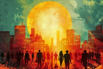 Giant sun engulfs city horizon. Urban challenges during extreme heat events - obrazy, fototapety, plakaty