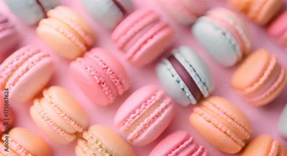 Poster vibrant pastel macarons arranged in abstract pattern, creating colorful backdrop