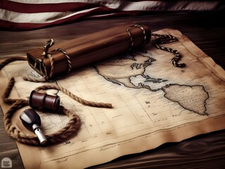 American flag and map on wooden table. - obrazy, fototapety, plakaty