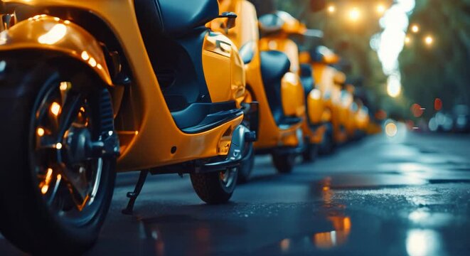 Vibrant Yellow Scooters Line The Pavement, Ready For Urban Exploration