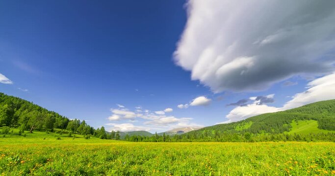 Mountain meadow time-lapse at the summer or autumn time. Wild nature and rural field. Clouds movement, green grass and sun rays. Motorised panorama