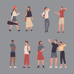 Various postures of characters in daily life, from relaxed resting states to active moments of movement - obrazy, fototapety, plakaty