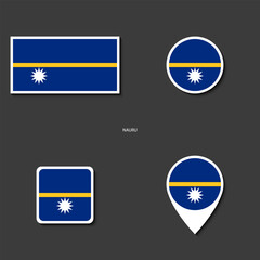 Nauru flag icon set in different shape (rectangle, cirlcle, square and marker icon) on dark grey background.