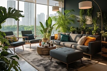 Fototapeta premium Urban Oasis: City Living Room with Modern Jungle Theme, Indoor Plants, and Comfortable Furniture