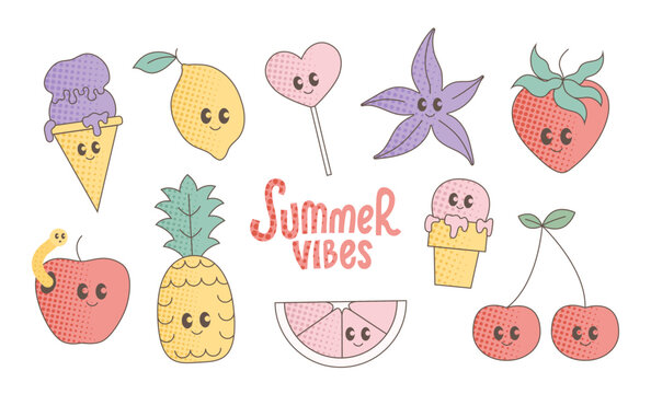 Pop art designed cute cartoon fruits, icecream, sea star with summer vibe. Y2k style vector characters