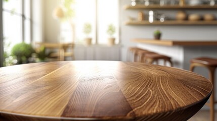 Fototapeta na wymiar Empty Wooden Table for Mockup in Bright Kitchen Interior.