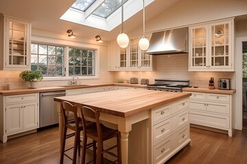 Classic Colonial Kitchen Designs: Butcher Block Island, Pendant Lighting, Shaker Style Cabinets Showcasing Timeless Elegance