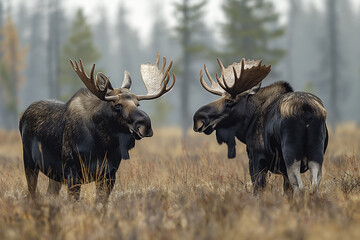 two horned male moose elk fight with horns in the spring in field during rutting against forest background