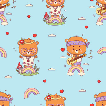 Seamless pattern with groovy hippy bears. Cute animal girl and boy with guitar on rainbow on blue background. Funny retro character. Vector illustration in trendy 70s style