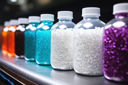 Bottles of colored plastic pellets on a production line.