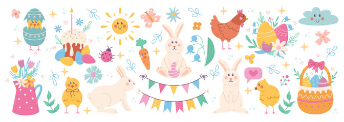 Happy Easter cute vector big set. Rabbit, egg, flower and other spring elements. Vector cartoon illustration