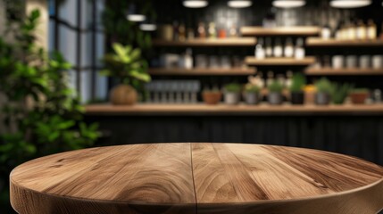 Empty Wooden Table for Mockup in Bright Kitchen Interior.