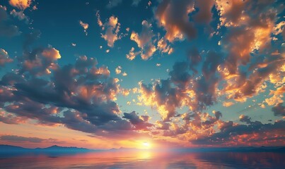 Beautiful morning sun surrounded by fluffy clouds background wallpaper. Scenic epic sunrise cloudscape panoramic view. Soft light and shadows. - obrazy, fototapety, plakaty