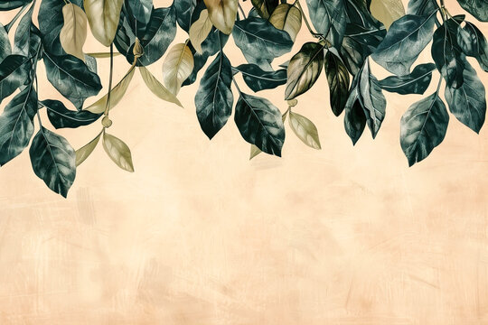 Vintage boho wallpaper, vintage botanical illustration of tropical leaves