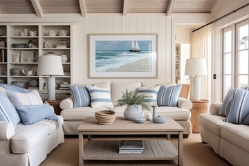 Fototapeta na wymiar Beachy Coastal Cottage Living Room Ideas: Cozy Furniture, Nautical Accents & Accessories 