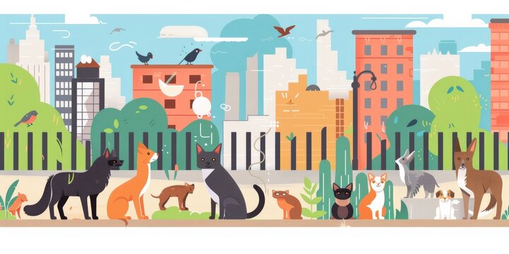 Urban wildlife illustration with animals during a heatwave. Animals adapt to high temperatures and dry conditions