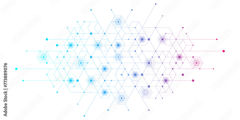 Poster Technology abstract lines and dots connect background with hexagons. Hexagons connection digital data and big data concept. Hex digital data visualization. Vector illustration