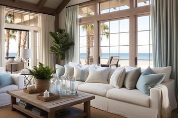 Fototapeta na wymiar Coastal Chic: Breezy Drapes, Comfortable Couch, & Cottage Living Room Ideas