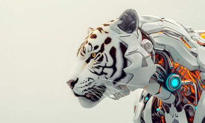 powerful depiction of a robotic entity adorned with head of a albino tiger, blending attributes of artificial intelligence with the regal aura of animal kingdom, perfect for innovative design concepts - obrazy, fototapety, plakaty