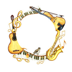 A round musical frame with an image of a guitar, saxophone and violin, as well as piano keys. The illustration is made by hand in watercolor. For posters, flyers, invitation cards and packaging.