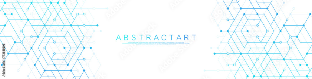 Aufkleber Technology abstract lines and dots connect background with hexagons. Hexagons connection digital data and big data concept. Hex digital data visualization. Vector illustration