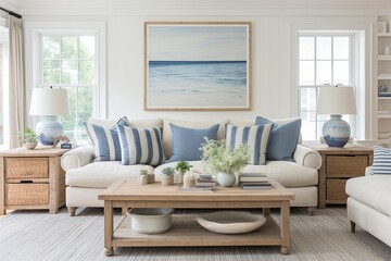 Nautical Accents: Coastal Cottage Living Room Ideas with Light Wood Furniture and Airy Curtains