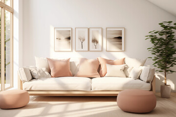 Bright living room interior with comfortable sofa pink pillows and stylish wall art