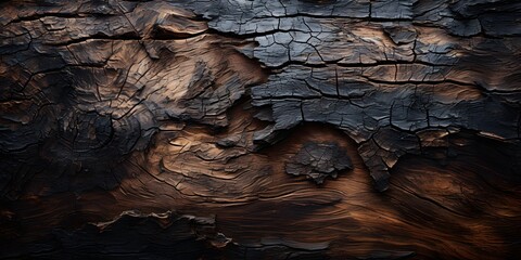 background,texture of a burnt tree with dark brown bark,with black scorch marks,covered with a...