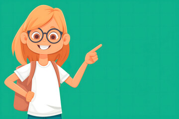 flat illustration,girl with blonde hair,wearing glasses and carrying backpack, student,smiling and pointing her finger to side on green background,concept of school educational materials,copy space